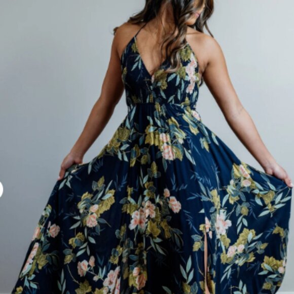 Aakaa Floral Smocked Halter Double Slit Maxi Dress Women's Medium – Navy/Green - Picture 8 of 13